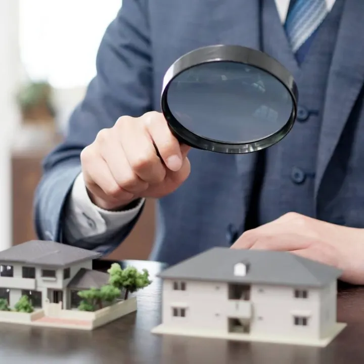 Magnifying glass over two model houses